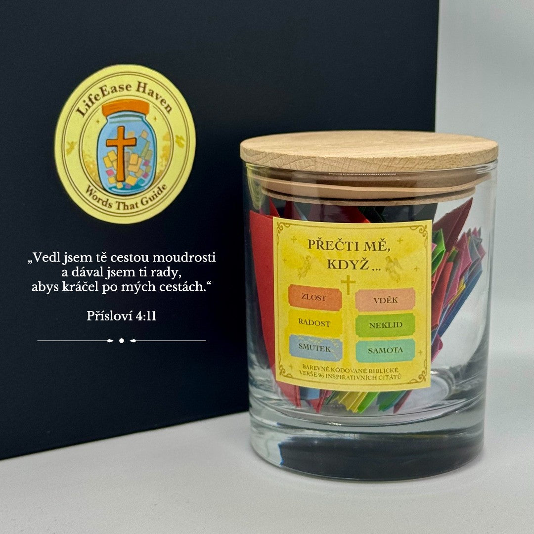 Gemini said Nádoba s biblickými verši a barevnými kartičkami rozdělenými podle emocí, dárková krabička LifeEase Haven